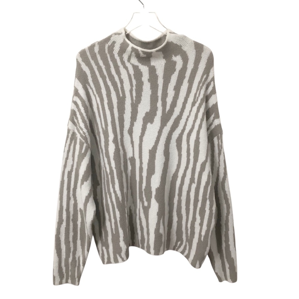 Express | Fuzzy Texture Gray White Zebra Print Mock Neck Sweater XL